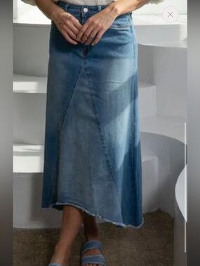 Japparel Light Blue Wash Denim Maxi Skirt with frayed asymmetrical hem Medium